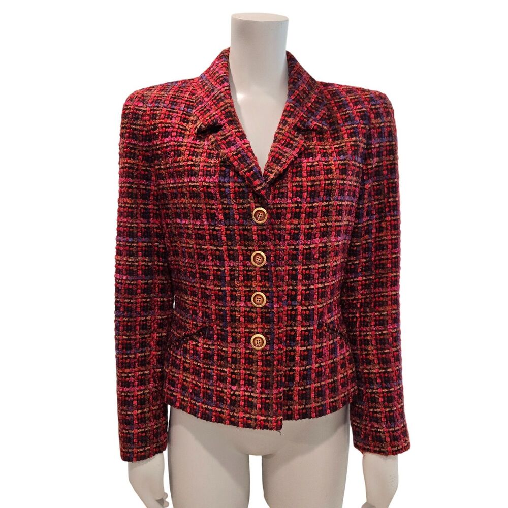 VTG Carlisle Womens Blazer Jacket Size 6 Red Purple Tweed Wool Blend Boucle Lady